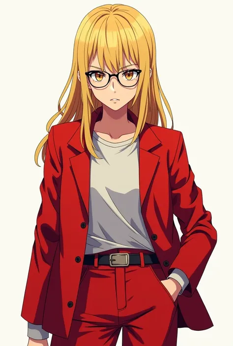 A long-haired lanky skinny blonde with glasses wears a red jacket and red pants with an important look,  anime drawing 