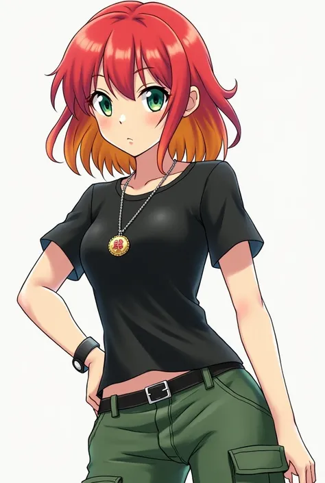  Create a female character with half red hair with orange tips short with fringe, Water green eye , Wear green cargo pants , a black top ,  a silver necklace with a Sakura flower pendant ,  a pair of ear rings and wear black sneakers in the style of Hunter...