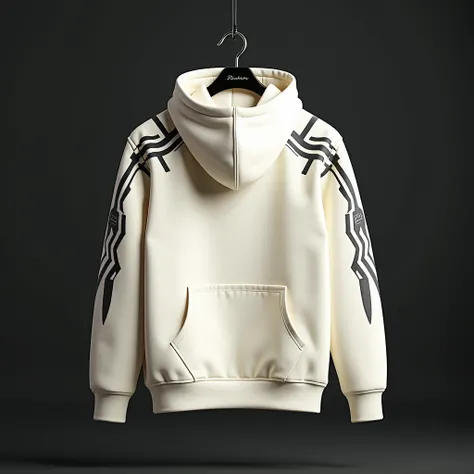 a creamy white hoodie on a black hanger with cyber punk sharp lines on the shoulder and arms 