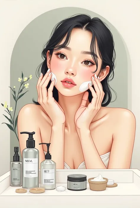  image of a girl in her skin care routine, The image must be a 3-color drawing 