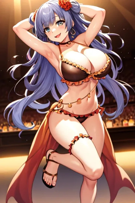 masterpiece, best quality, beautiful art, high resolution, well formed hands, body and fingers, 1 woman, solo, Miku Izayoi, 31 years old, grown up, arabian belly dancer, adult, large and round breasted, cleavage, hair ribbon, full body, sexy and skimpy ara...