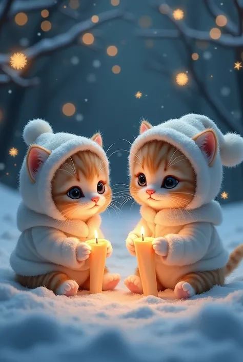 A lot of realistic kittens are wearing white clothes and holding candles on a snowy night when fireflies shine