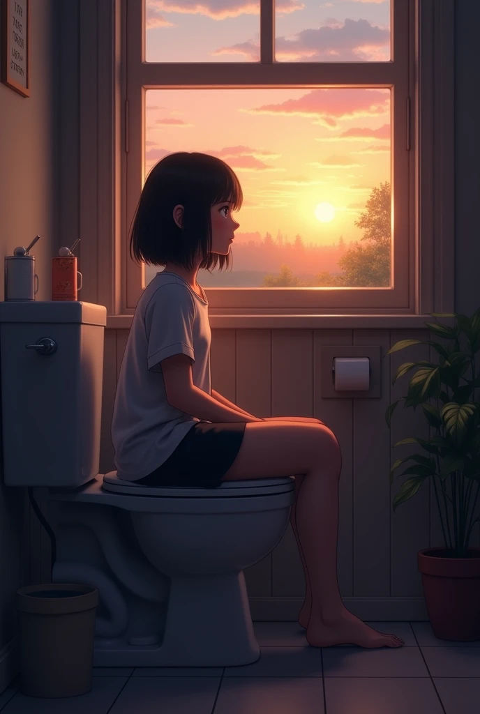 A girl without pants sits on the toilet and looks out the window at the sunset, back and side view from afar ,  realistic