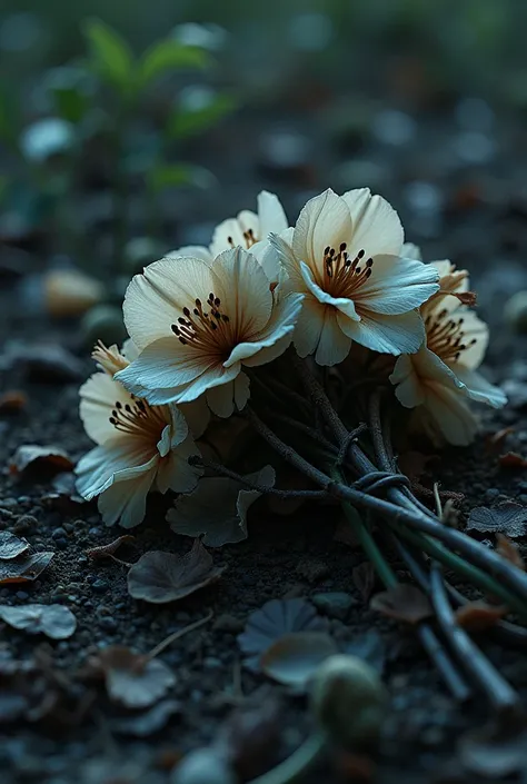  wilted bouquet of flowers lies forgotten on the damp, earth-covered ground, its once vibrant petals now faded and brittle. The flowers, once full of life, are now a mix of dull, grayish hues—roses, lilies, and violets, their edges curled and broken. Some ...