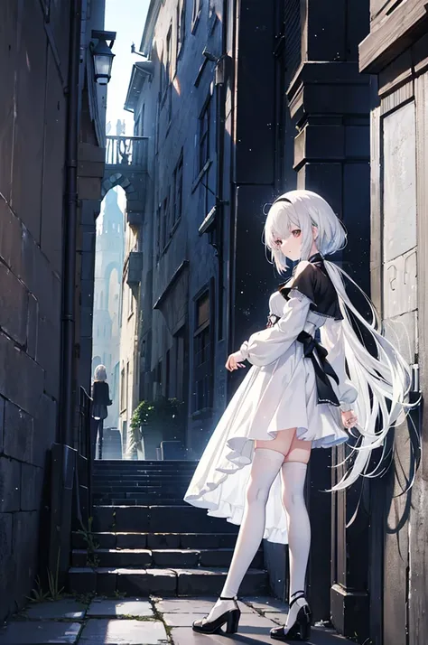 "An anime-style girl with short silvery white hair. She is wearing a long dress and black knee-high socks. The background is a medieval-inspired castle town with canals running through it."