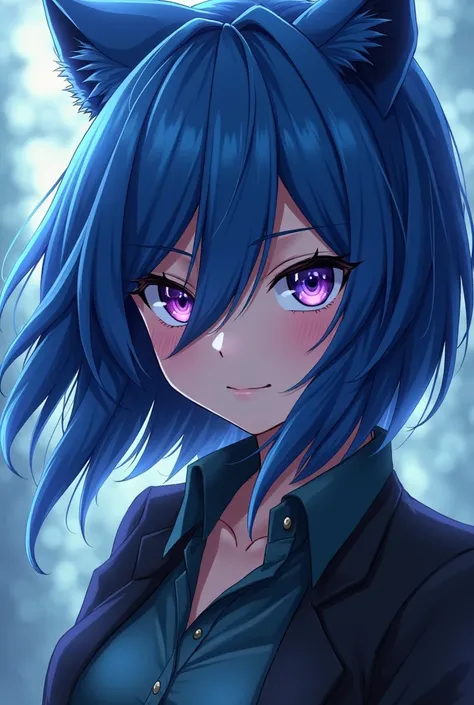  anime warewolf female shoulder-length hair wolfcut right eyed purple left blue, blue color hair silkiness , his narrow eyes with sharp corners of the eyes