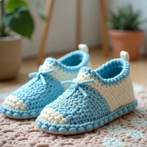 Nice flip flop slippers design crochet with wool trendy design on wool slippers and separate design white sky blue color full view pic full room view zoom out on floor 