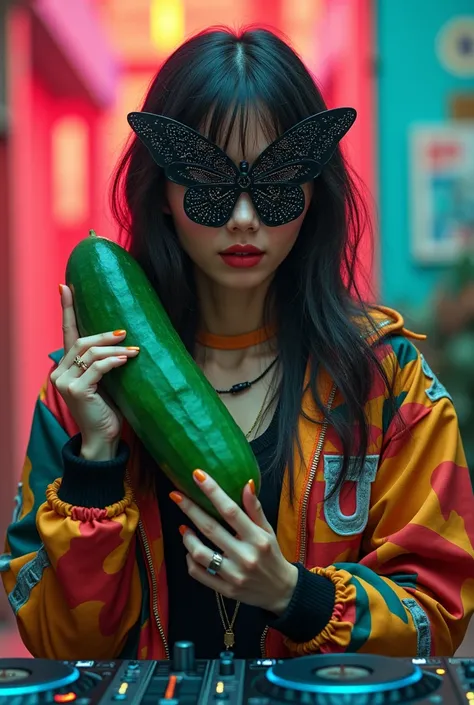 Indonesian woman 20 years old wearing rappers jacket right hand holding a large cucumber and left hand holding DJ music is in front of the woman, wear butterfly mask black sexy