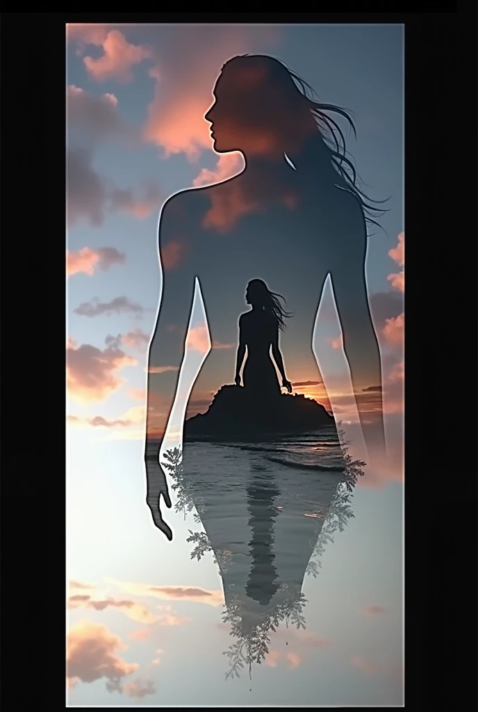 High quality, 8K Ultra HD, beautiful double exposure combining the silhouette of the goddess and the sunset coast, the sunset coast should serve as the background, incorporating its details into the goddess, clear lines, monochrome background, sharp focus,...