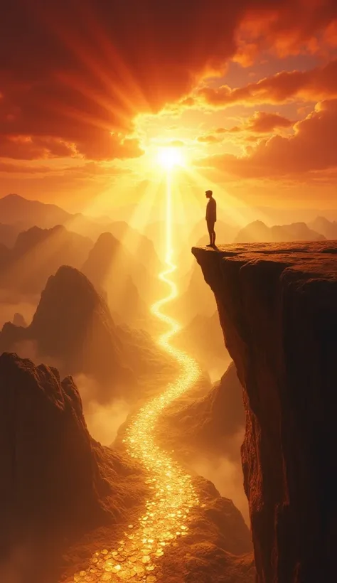 art photo, a dramatic scene embodying the spirit of fearless challenge. A determined individual stands confidently at the edge of a high cliff, facing a vast, glowing horizon filled with golden opportunities. Below, a path illuminated by radiant beams of l...