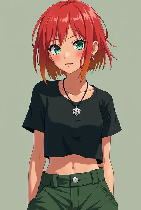  Create a female character with half red hair with orange tips short with fringe, Water green eye , Wear green cargo pants , a black top ,  a silver necklace with a Sakura flower pendant , a pair of ear rings and a pair of black sneakers,  in the Naruto st...