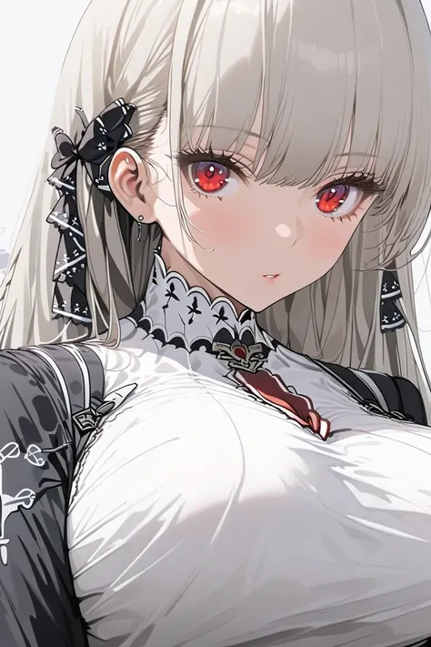 Formidable Azur lane, white hair, red eyes,  Wearing a school uniform, GRAY JACKET, bigboobs, big Neckline, Black necklace, off the shoulder black shirt with red tie, black plateled skirt, WhiteTights, Obra maestra,  tall details,  very detailed, 