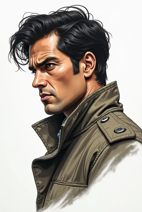  draw a serious-looking man ,wearing a military jacket  , with brown skin with slightly large black hair,  with the side profile in the photo , the man has the manga style ,Very sketched and traced in pencils portrait