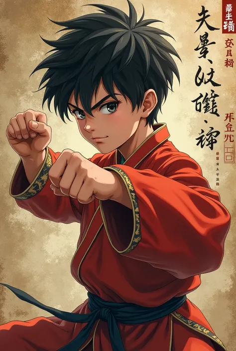 Side view of an anime-style martial arts boy in the background of a martial arts novel