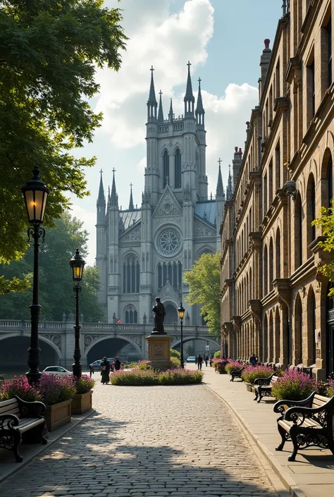 Narrow street (central area) Victorian style
River and bridge:
To the left of the street there is a river, along which there are stone embankments with decorative railings and gas lamps. The bridge crosses the river, connecting the two parts of the city. T...