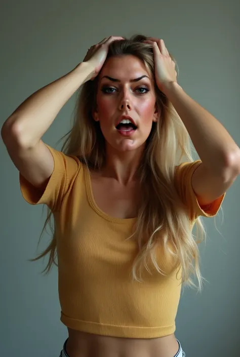 She is standing with a surprise reaction, she is screaming, her hands in her hair. Blond long hair, masterpiece, (8k, RAW photo, highest quality), hyperrealistic,