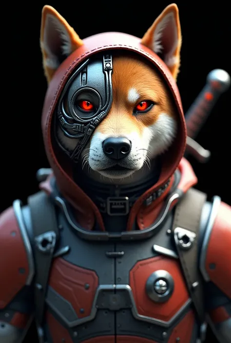 Create a 3D style and realistic shiba inu    with half of its face is cyborg, left eye is    glowing red, make it wear a bonnet with a sword on his back, show the front-view     just his face and his chest, make the background just color black, make it loo...