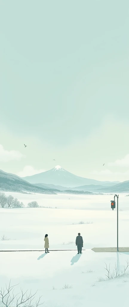 Create an iPhone wallpaper with the motif of Kawabita Yasunaris novel Snow Country, show a snowy snowy country from a distance, and make a small representation of two men and women meeting at the train station