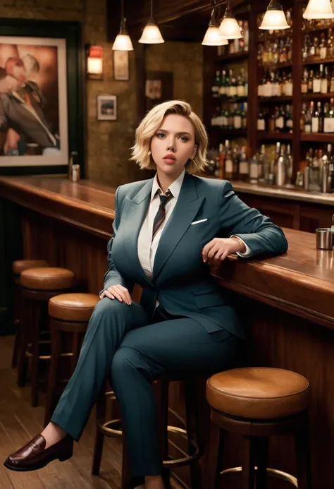 Scarlett Johansson is a blonde woman with massive breasts and short hair in a baggy suit fitted for a man, with a tie, a button-up shirt, blazer and trousers, and loafers, sitting at a bar full body shot.