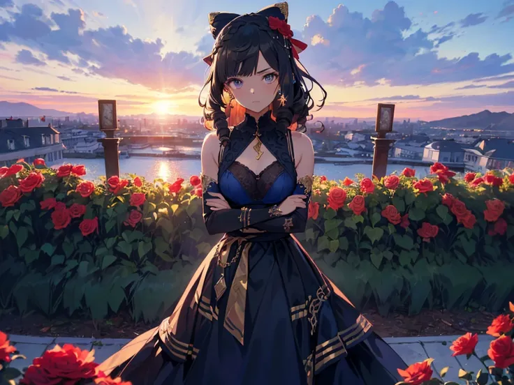 3D Artwork, Solo Girl, 1 Girl, (Pretty Expression), ((Hair tied in a big blue ribbon))), (((Long curly black hair))), ((Lots of hair accessories))), (((Teardrop shaped earrings))), (((Dark blue A-line high neck tiered skirt dress, gold chain around waist, ...