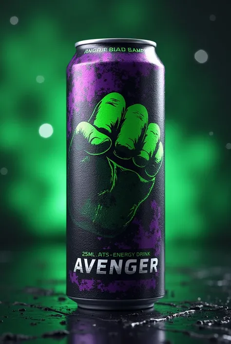 a 250ml energy drink can inspired by the Hulk. Use green and purple colors, a clenched fist image, and the name Avenger in a bold font. No mention of Hulk.