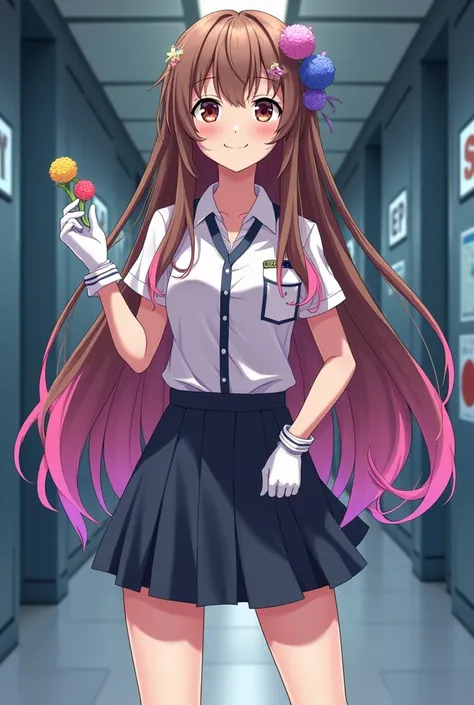  anime school-age girl ,  brown-haired girl with long hair and pink locks, brown-eyed ,  in a classic security suit and medical gloves , smiles gently but a little crazy ,  standing full length 