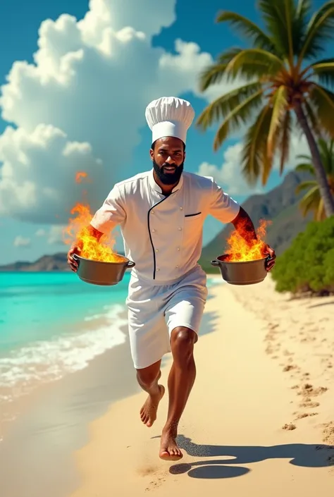 Caribbean athletic chef runs along the beach in panic with 2 burning pots