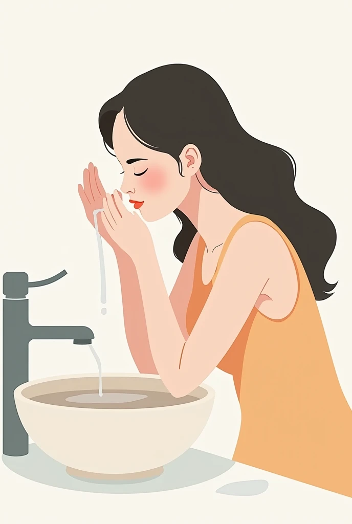  draw a girl washing her face with water as part of her skin care routine, The drawing should be simple in 3 colors 