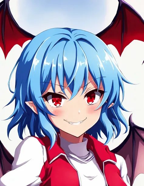 (((remilia scarlet))), (bat wings), (vampire), short hair, (((blue hair))), ((duration)), ((((face close-up)))), ( (jacket, tight shirt)), evil smile, flux haruka anime