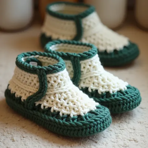 Nice flip flop slippers design crochet with wool trendy design on wool slippers and separate design white dark green color full view pic full room view zoom out on floor 