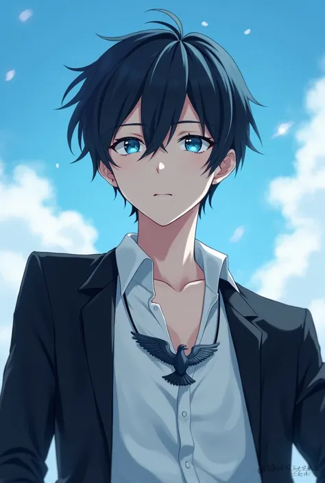 Anime boy blackhair, with blue sky eye, with White shirt, and black jacket with a garuda bird necklace, sitting pose