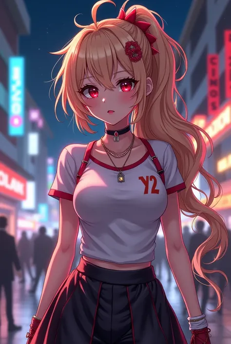 Anime art concept, anime, woman, messy and spiky bangs left eye, long flowing ponytail, red highlights on hair, lots of red stripes on hair, Many highlights in the hair are red, like a mix of blonde and some red, Y2K Revival outfit, curvy girl, thick eyela...