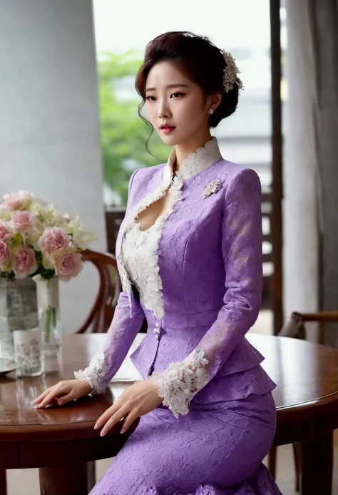 A Korean man in ladies vintage suit dress, big breast like a woman, slender female body, His hairstyle is short and manly, white and light purple, Rich lace and frills, long sleeves, cropped jacket, round neck jacket, China collar jacket, mermaid skirt, si...