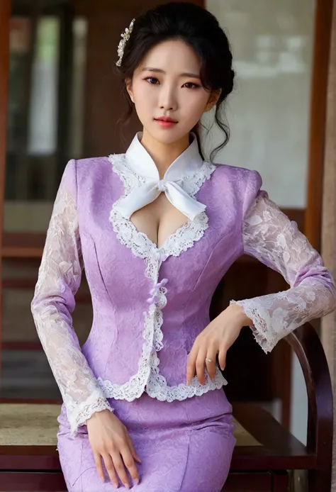 A Korean man in ladies vintage suit dress, big breast like a woman, slender female body, His hairstyle is short and manly, white and light purple, Rich lace and frills, long sleeves, cropped jacket, round neck jacket, China collar jacket, mermaid skirt, si...