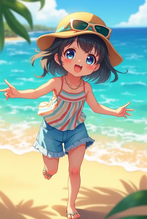 Create a anime girl 
On a beach
Sun is bright  
She feeling hot
