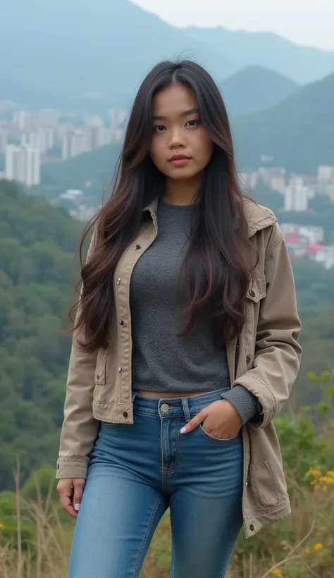 Seorang wanita cantik berwajah Indonesia rambut warna hitam ungu panjang ikal bergelombang tergerai indah pakai celana jeans full body background of mountain jalanan kota Jakarta city background  ,  Winter , Professional, 4k, HD, UHD, 8K,  High detail ,   ...