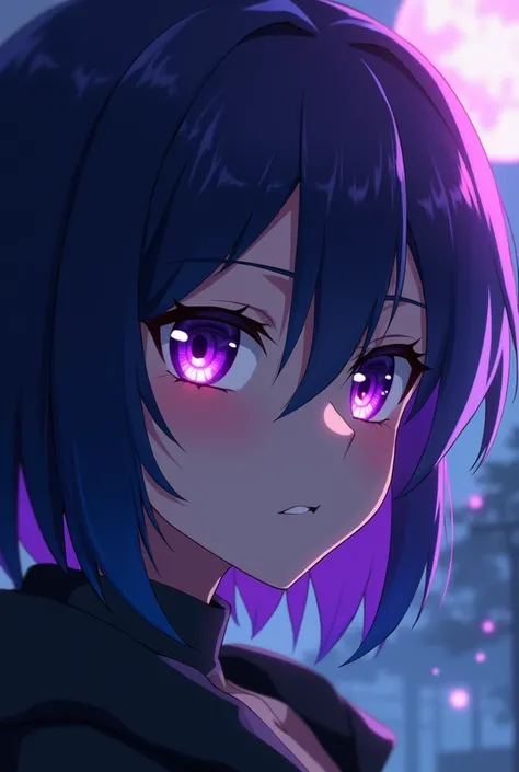  anime warewolf female shoulder-length hair wolfcut right eyed purple left blue, blue color hair silkiness , his eyes are narrow with sharp corners of the eyes
The right eye is purple, the pupil is shaped like a demon star
his face is sangar dong