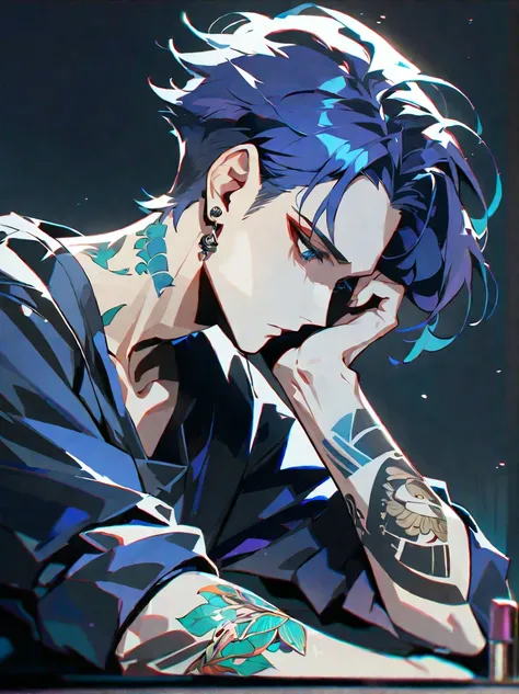  masterpiece , alone, Short hair,  blue eyes , shirt, Long sleeves, 1 boy,  accessories, Seating , Closed mouth, Upper part, Blue hair, dark Blue hair,  Male Focus, earring, From the side, black shirt, tattoo,  brief history , cosmetics,  look down ,  blac...