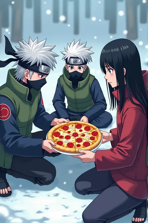 Kakashi and gojo and itachi and blizzard mixture eating pizza
