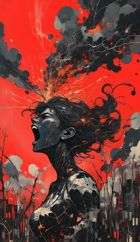   A woman who yells in anger,Major eruption,Black,White,red,Surreal collage,a contemporary artistic collage,collage artwork, New Album Cover , Great Job !! ,digital collage、(collage ),collage art,contemporary collage,mixed media collage, Surreal +      is ...