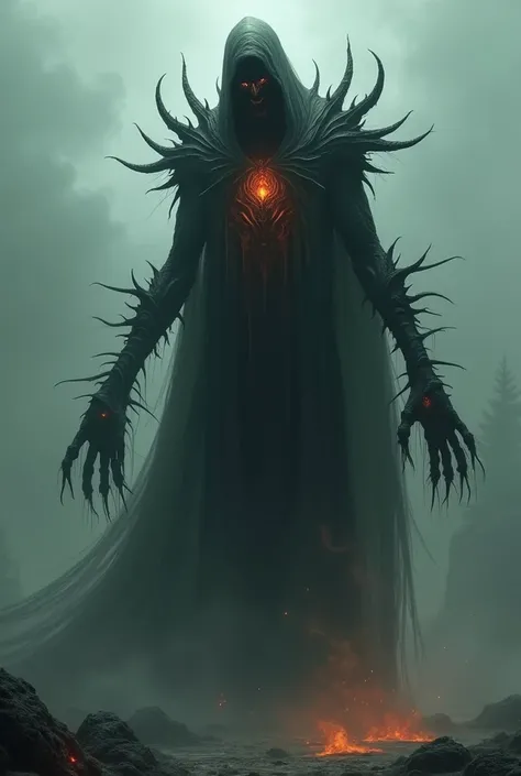 "A colossal, otherworldly figure shrouded in a billowing cloak of shadow and faintly glowing embers, its form both fluid and unsettlingly angular. Its face is a featureless void, save for a jagged, crescent-shaped grin that emanates an eerie, white-hot lig...