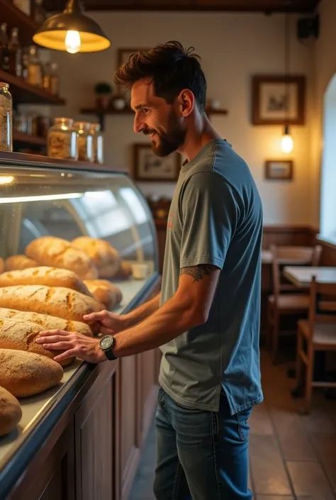 messi come in restaurtant to buy fresh bread