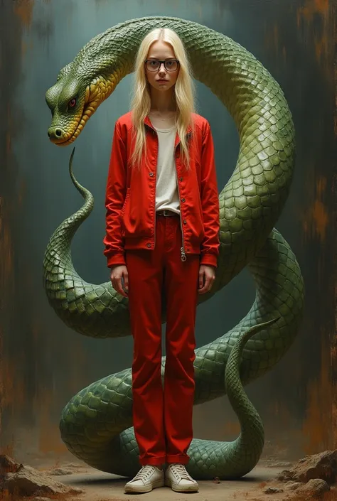 Long-haired lanky skinny 30 yers old blonde with glasses in a red jacket and red pants turns into a snake, oil painting 