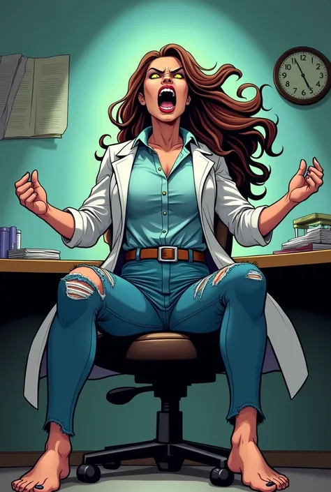 Dynamic comic style art image of a scientific wild and very muscular beast , Dr..  Jennifer Marie Evans ,  with long brown hair flowing wildly , Illuminated yellow eyes,  fair skin and black nails . Hes wearing a torn lab coat , a formal light blue sleevel...