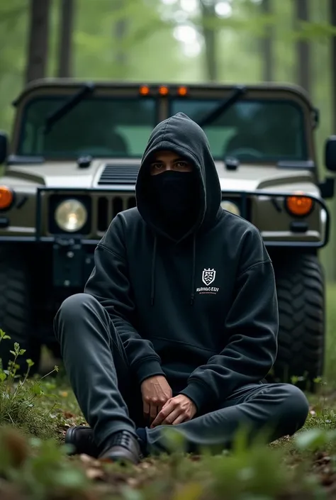 A man wearing a black Hoodie sweater and mask is sitting next to a Hummer car in the forest background, 
there is a bang azay name logo on the Hoodie sweater  