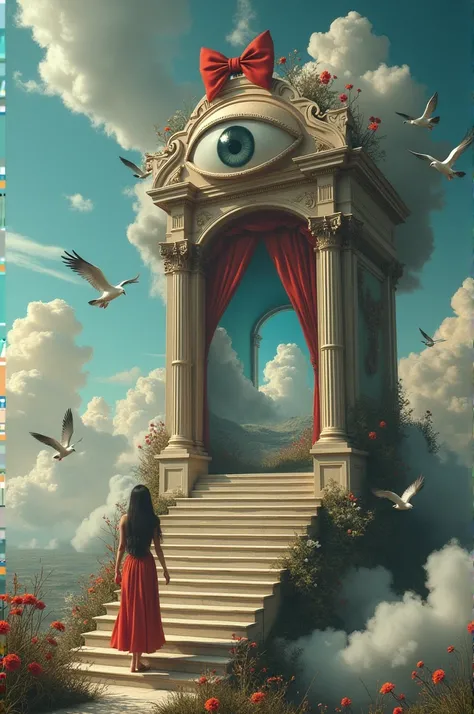 surrealism artwork, A woman walking in the floating staircases to eye hole, a victorian theatre stage emerging from a womans head, inside the theatre stage presenting a dreamscape with a woman in an outdoor cafe writing, the birds, the flowers, gray eye wi...