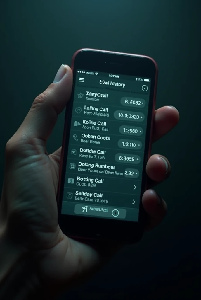 A call history log on the phone screen, showing multiple incoming calls from the womans own number at odd hours, with her hand trembling as she scrolls through the list.