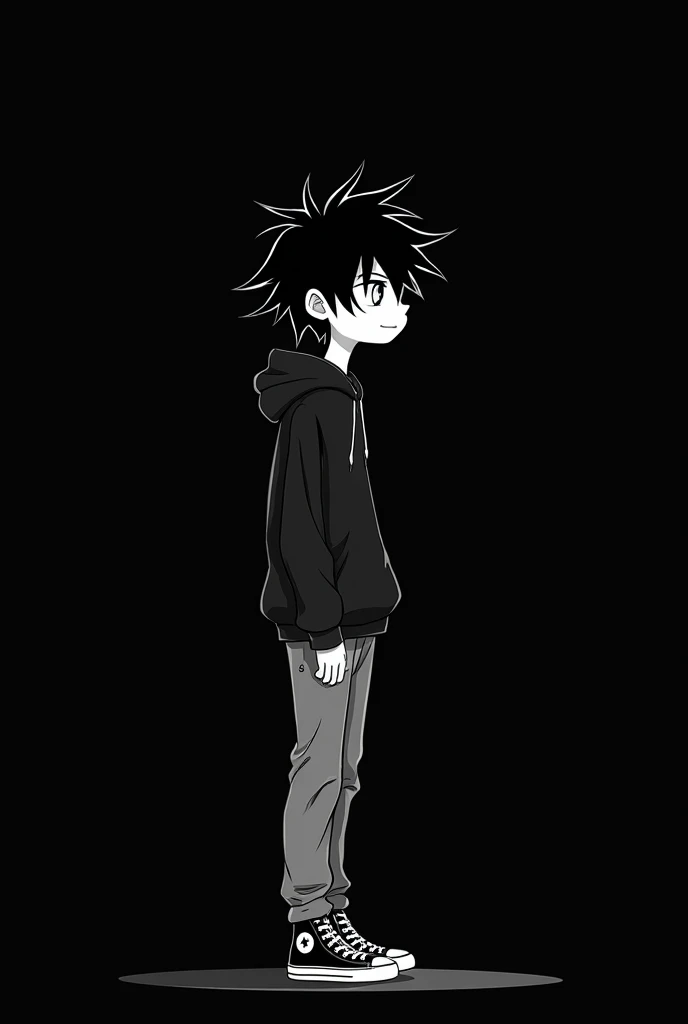   A teenager  , of the masculine gender, thin and tall and with messy and spiky black hair and with a completely white and gray skin tone,   wearing a black sweatshirt and wearing gray pants and black and white sneakers and he is standing and a little side...