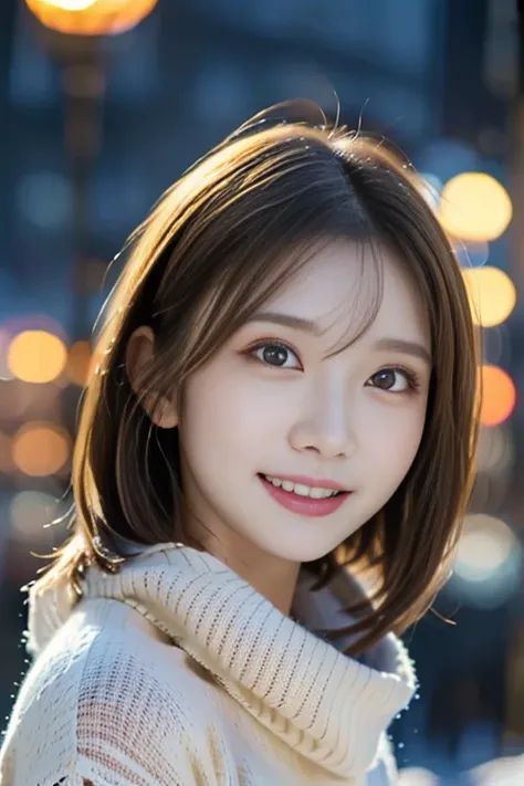 12Ｋ、ＨＤＲ、  Japanese、 bits deep 10 bits、( White sweater),(white warm knitted scarf ), Portrait Style、   very beautiful  ,   very detailed,    very detailed目と顔,     beautiful detailed nose  ,   beautiful detailed eyes,   cinematic lighting ,City lights at nig...