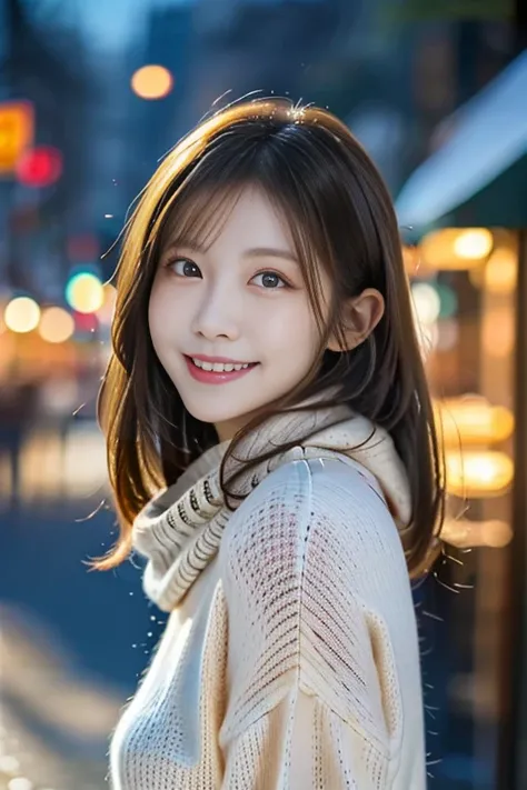 12Ｋ、ＨＤＲ、  Japanese、 bits deep 10 bits、( White sweater),(white warm knitted scarf ), Portrait Style、   very beautiful  ,   very detailed,    very detailed目と顔,     beautiful detailed nose  ,   beautiful detailed eyes,   cinematic lighting ,City lights at nig...